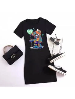 Broken Cartoon Bear Printed Mini Dress -Women's Clothing Shop P 20240604153542674 667