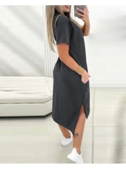 Solid Color Crewneck Fitted Short Sleeve Dress -Women's Clothing Shop P 20240604180516931 890