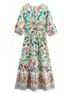 Colorblock Patchwork Puff Sleeve Short Sleeve Dress -Women's Clothing Shop P 20240605143620919 409