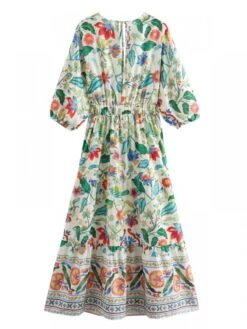 Colorblock Patchwork Puff Sleeve Short Sleeve Dress -Women's Clothing Shop P 20240605143621307 579