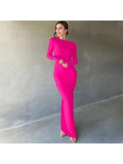 Solid Color High Rise Fitted Long Sleeves Dress -Women's Clothing Shop P 20240605151609398 683