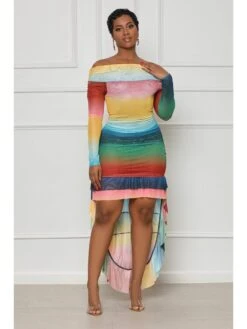 Colorblock Gradient Color Fitted Long Sleeves Dress