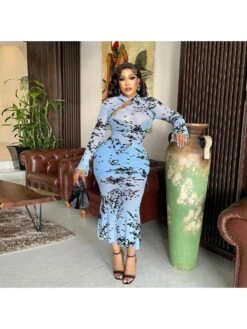 See Through Flocking Bodycon Long Sleeve Dress