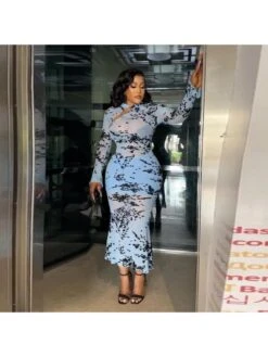 See Through Flocking Bodycon Long Sleeve Dress -Women's Clothing Shop P 20240606090013863 683