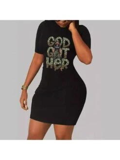 Cartoon Letter Printed Short Sleeve Mini Dress