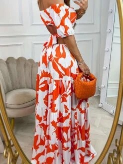 Print Lace Up Hollow-out Swing Lantern Sleeve Dress -Women's Clothing Shop P 20240607095602062 504