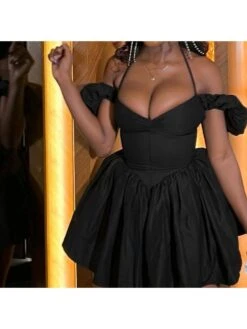 Patchwork Halter Neck Fitted Short Sleeve Dress