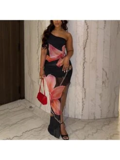 Flower Perspective One Shoulder Maxi Dress