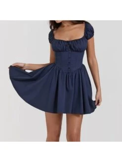 Patchwork Ruched Square Neck Puff Sleeve Dress -Women's Clothing Shop P 20240608104831339 385