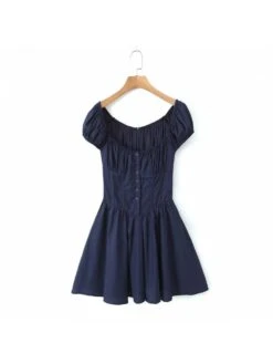 Patchwork Ruched Square Neck Puff Sleeve Dress -Women's Clothing Shop P 20240608104832724 463