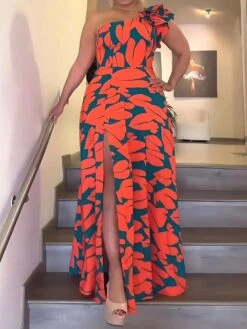 Geometric Pattern One-shoulder Swing Short Sleeve Dress