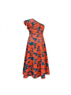 Geometric Pattern One-shoulder Swing Short Sleeve Dress -Women's Clothing Shop P 20240608134003664 561