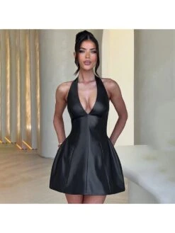 Glossy Halter Low Cut Backless Mini Dress -Women's Clothing Shop P 20240608175604324 472