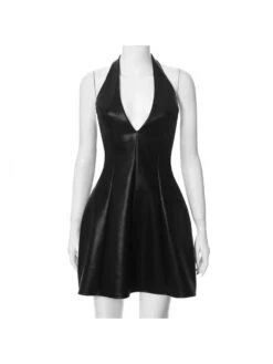 Glossy Halter Low Cut Backless Mini Dress -Women's Clothing Shop P 20240608175606013 340