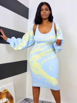 Colorblock Sleeveless Midi Dress Cardigan Sets