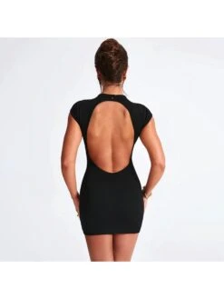 Patchwork Crewneck Backless Short Sleeve Dress -Women's Clothing Shop P 20240611095214785 308