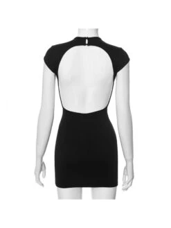 Patchwork Crewneck Backless Short Sleeve Dress -Women's Clothing Shop P 20240611095216239 833