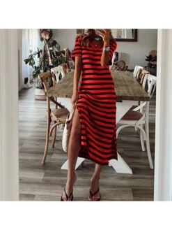 Colorblock Crewneck Fitted Short Sleeve Dress