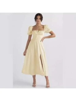 Ruffle Square Neck Chiffon Short Sleeve Dress