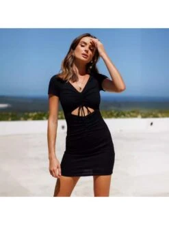 Hollow-out Lace Up Ruched Short Sleeve Dress