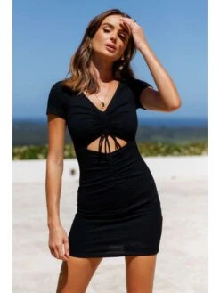 Hollow-out Lace Up Ruched Short Sleeve Dress -Women's Clothing Shop P 20240611165227347 322