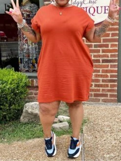 Plus Size Crewneck Short Sleeve Straight Short Sleeve Dress