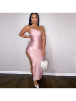 Lace Up One-shoulder Ruched Maxi Dress