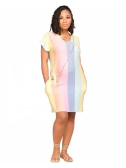 Colorblock Striped Short Sleeve Dress -Women's Clothing Shop P 20240612102040102 114