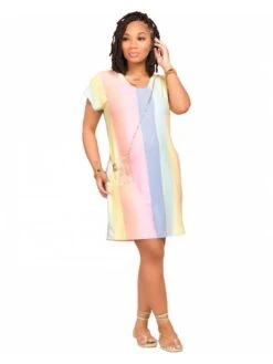 Colorblock Striped Short Sleeve Dress -Women's Clothing Shop P 20240612102040864 301