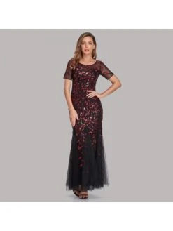 Embroidery Sequin Short Sleeve Mermaid Maxi Dress