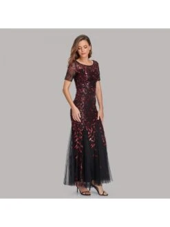 Embroidery Sequin Short Sleeve Mermaid Maxi Dress -Women's Clothing Shop P 20240612102425608 519