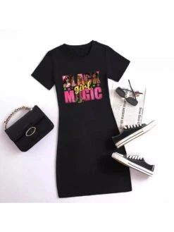 Cartoon Letter Printed Bodycon Short Sleeve Dress -Women's Clothing Shop P 20240612105621637 541