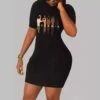 Letter Pattern Crewneck Bodycon Mini Dress -Women's Clothing Shop P 20240612110012989 514