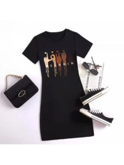 Letter Pattern Crewneck Bodycon Mini Dress -Women's Clothing Shop P 20240612110013977 111