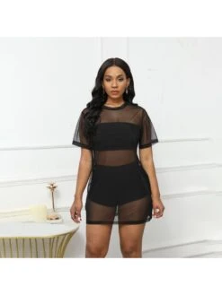 See Through Hollow-out Fitted Short Sleeve Dress
