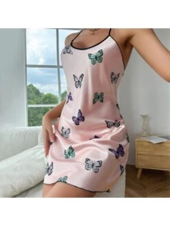 Butterfly Pattern Spaghetti Straps Fitted Pajamas Dress