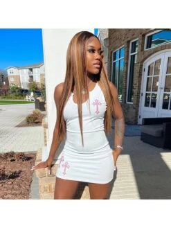 Cross Printed Sleeveless Mini Dress
