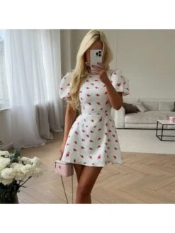 Crewneck Puff Sleeve A-line Short Sleeve Dress