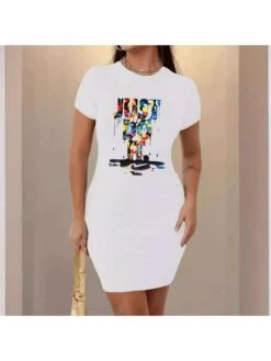 Letter Printed Bodycon Short Sleeve Mini Dress