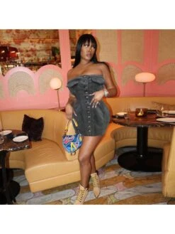 Buckle Denim Fitted Strapless Mini Dress -Women's Clothing Shop P 20240613173617613 778