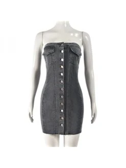 Buckle Denim Fitted Strapless Mini Dress -Women's Clothing Shop P 20240613173618818 313