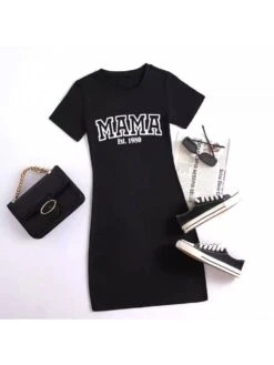 Letter Pattern Bodycon Short Sleeve Dress -Women's Clothing Shop P 20240613174406784 704