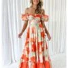 Boat Neck Off Shoulder Puff Sleeve Bohemian Dress -Women's Clothing Shop P 20240614165220271 305