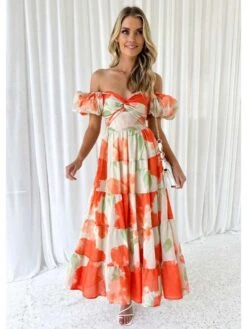 Boat Neck Off Shoulder Puff Sleeve Bohemian Dress