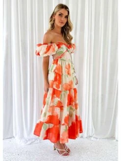 Boat Neck Off Shoulder Puff Sleeve Bohemian Dress -Women's Clothing Shop P 20240614165221939 664