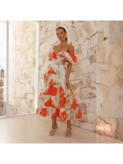 Boat Neck Off Shoulder Puff Sleeve Bohemian Dress -Women's Clothing Shop P 20240614165222531 251