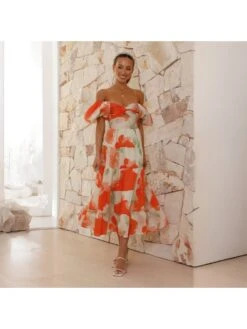 Boat Neck Off Shoulder Puff Sleeve Bohemian Dress -Women's Clothing Shop P 20240614165223064 400