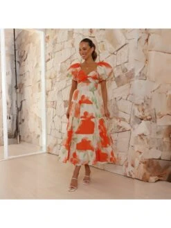 Boat Neck Off Shoulder Puff Sleeve Bohemian Dress -Women's Clothing Shop P 20240614165224347 460