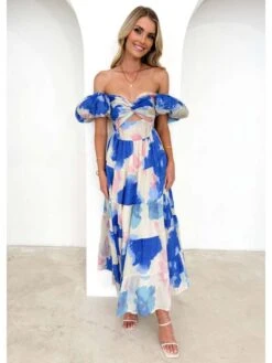 Ruffle Boat Neck Off Shoulder Maxi Dress -Women's Clothing Shop P 20240614170431230 799