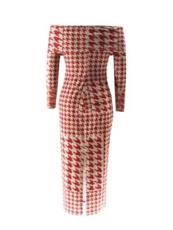 Houndstooth Off Shoulder Maxi Dress -Women's Clothing Shop P 20240614182802781 700